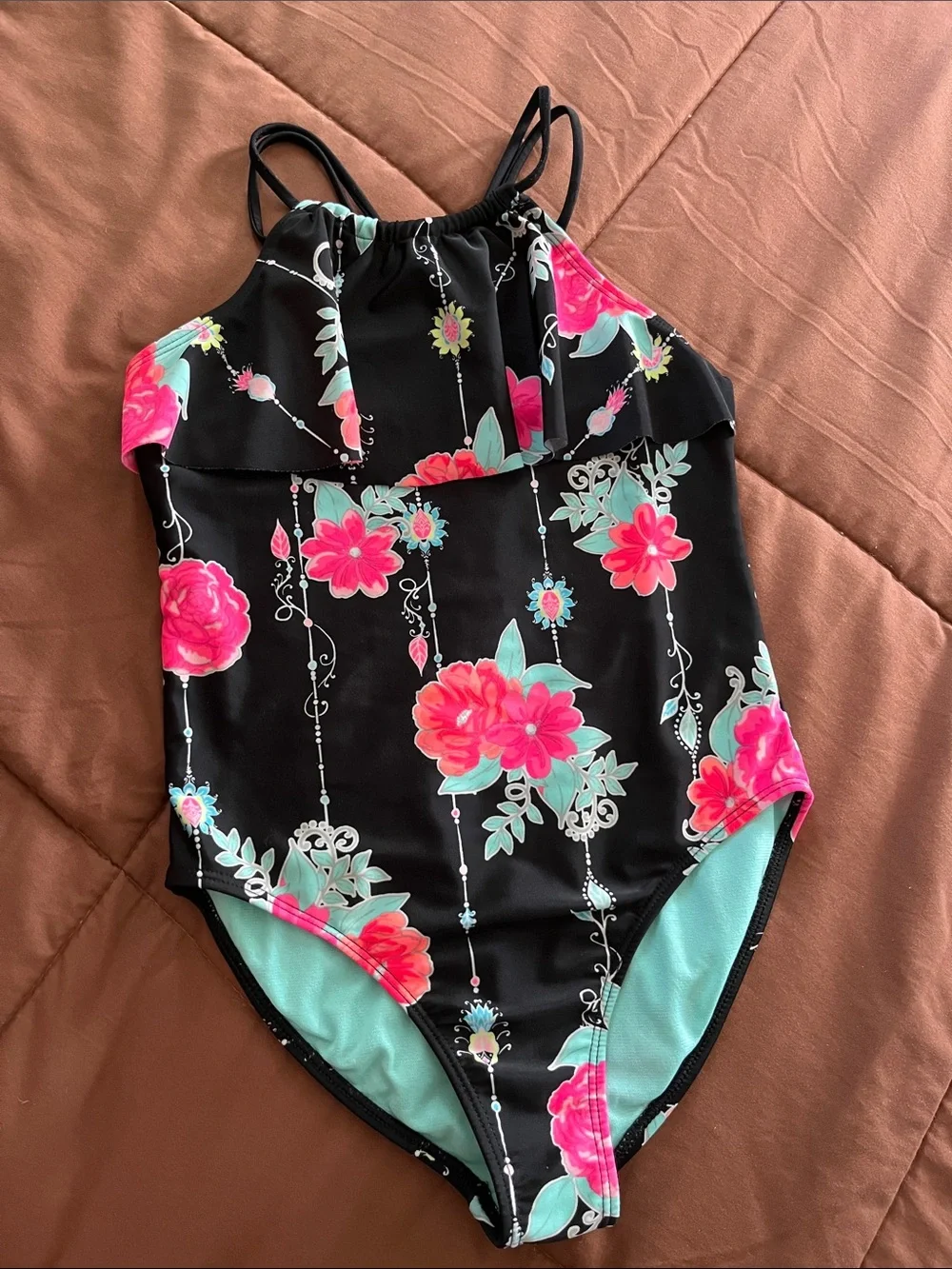 wonder nation Black One-Piece Swimsuit with Pink Floral & Mint Accents